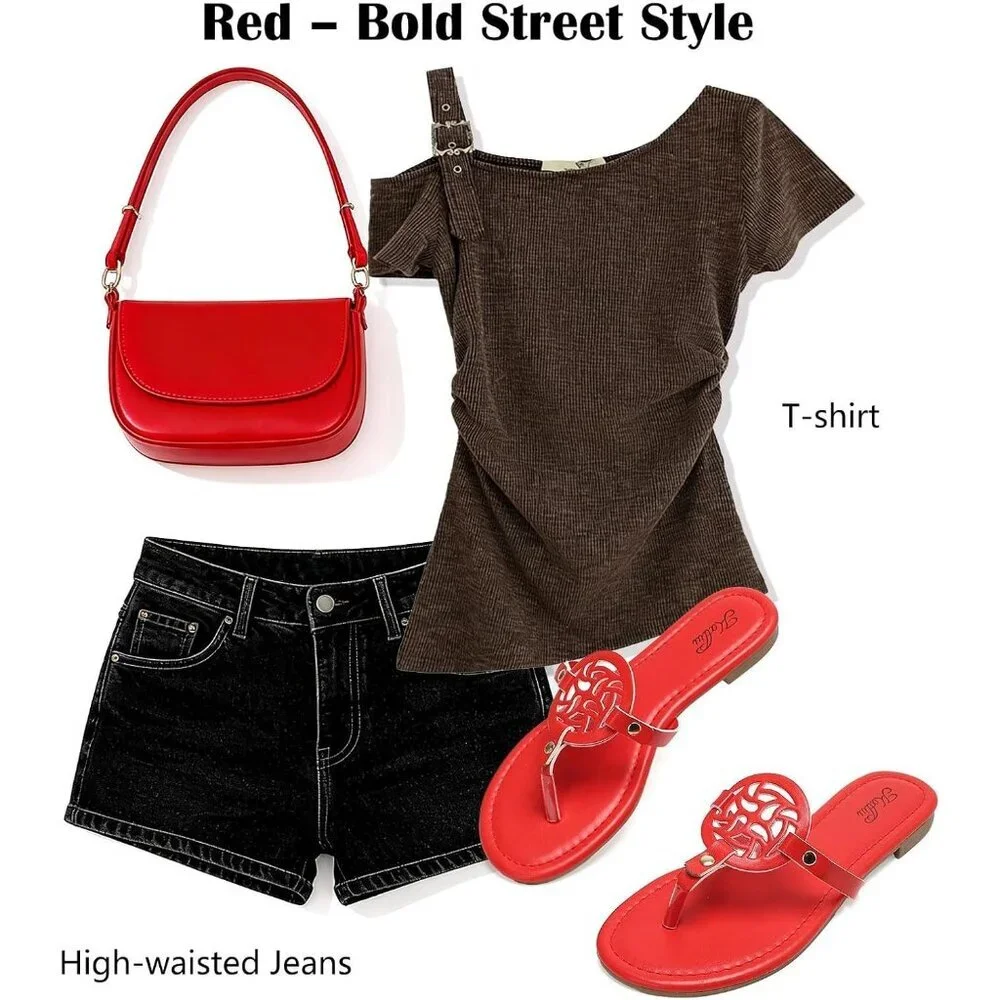 Women's Red Flip Flop Comfortable Faux Leather Flat Sandals Shoes